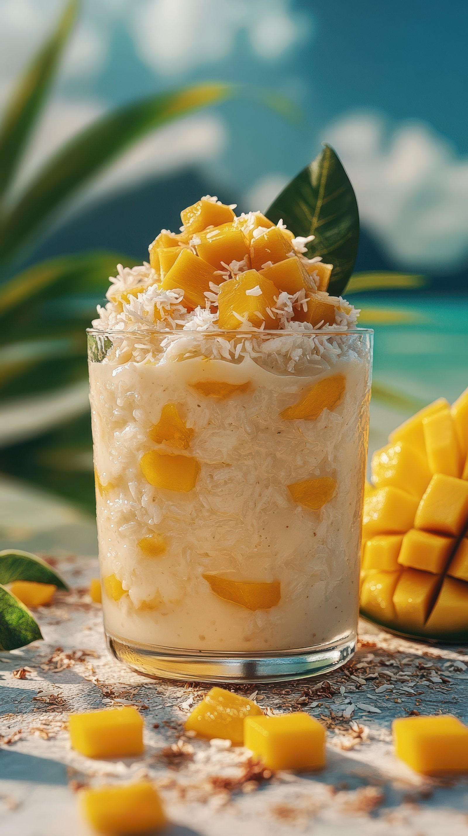 Delicious mango and coconut dessert served in a glass with tropical background on a sunny day